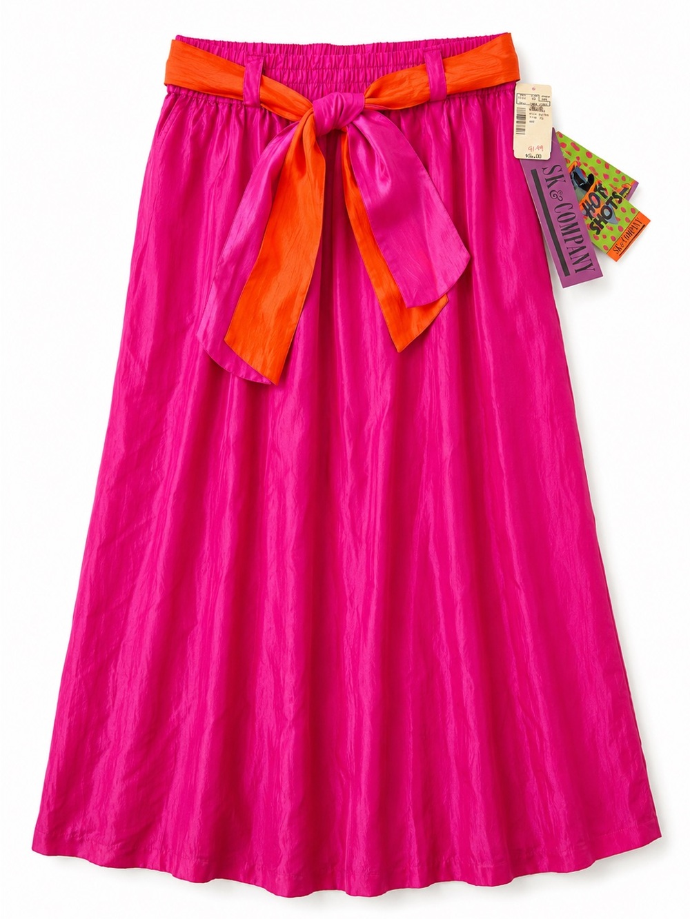 Vintage SK & Company 100% Silk Hot Pink Midi Skirt Reversible Sash Belt L NWT